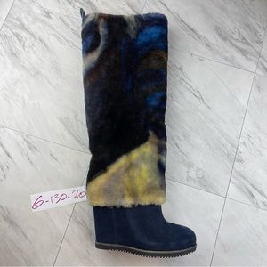 •UGG X Claire Tabouret Women Size 6 Blue Wedge Fluff Boots Fur Sheepskin 1119344